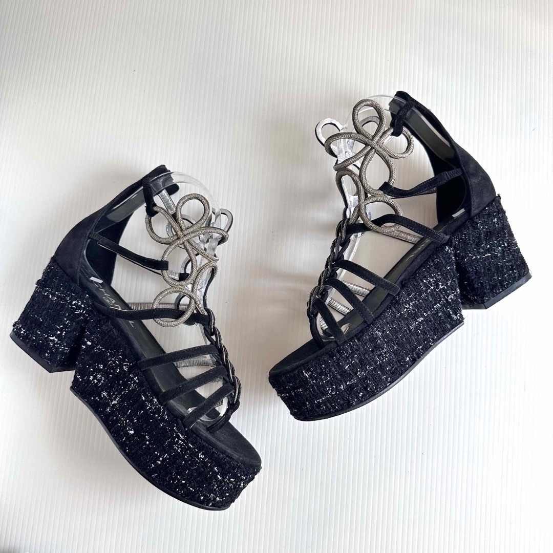 CHANEL - CHANEL シャネル ツイード ウェッジソール 厚底 レース CHANEL - CHANEL シャネル ツイード ウェッジソール 厚底 レース