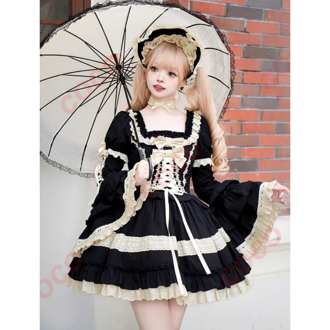 オリジナルlolita doll感 ブラックロリータワンピースセット L279＃