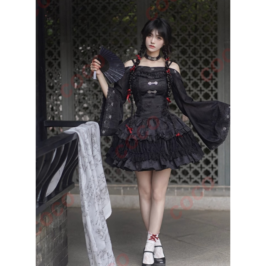 オリジナルlolita中華風ブラックチューブトップ＆スカートセット　L282＃ オリジナルlolita中華風ブラックチューブトップ＆スカートセット