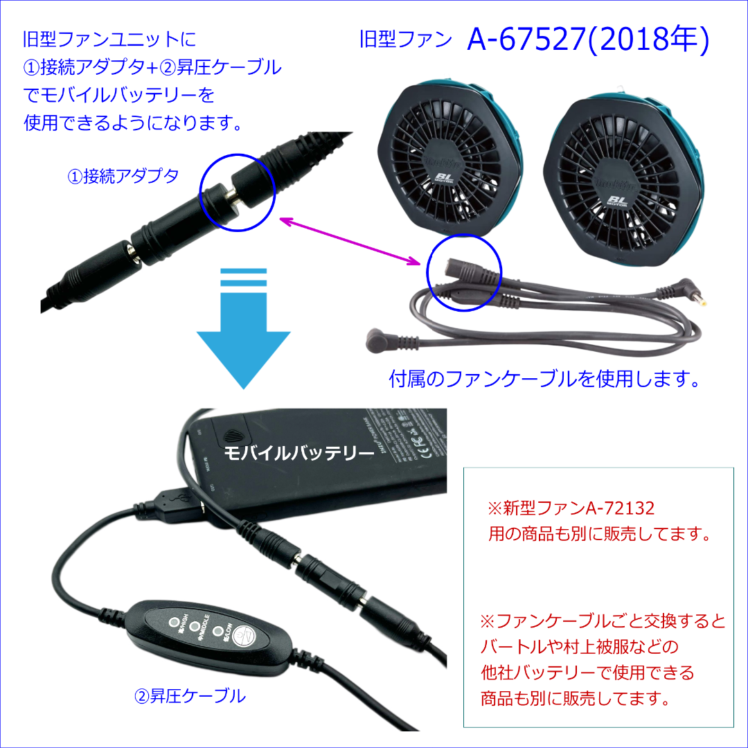マキタ空調服旧型ファンをモバイルバッテリで7.2vへ昇圧3段階