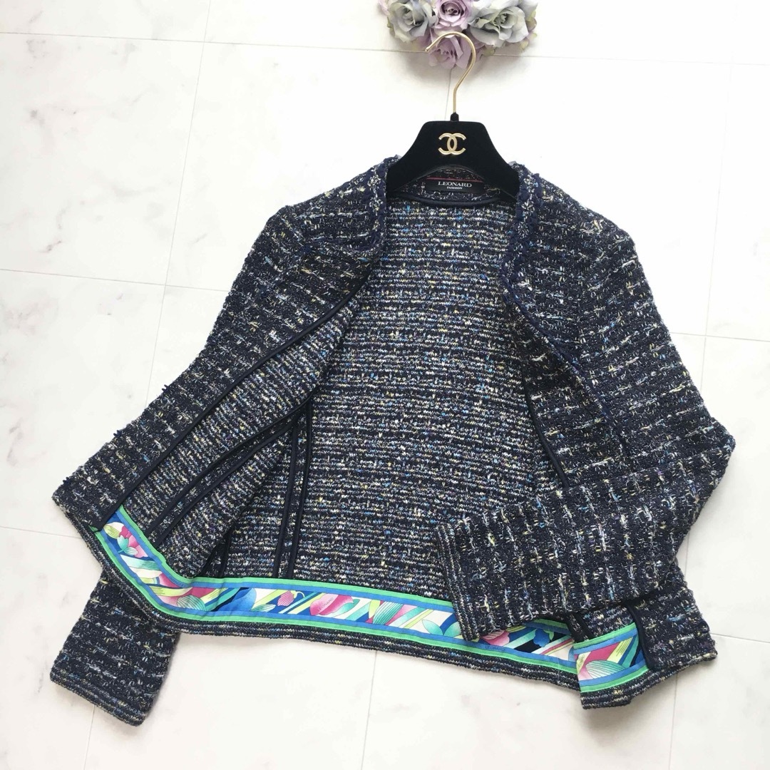 近年美品 LEONARD レオナール ツイードニット ノーカラー 近年美品 LEONARD レオナール ツイードニット ノーカラー