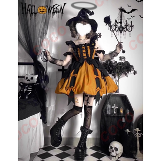 かぼちゃ色lolita魔女コスプレハロウィンロリータJSKワンピースL289＃(衣装)