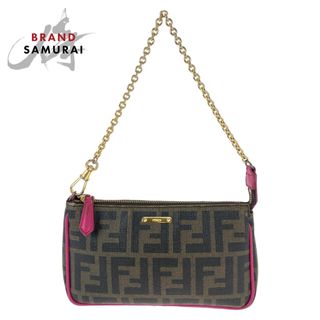 フェンディ(FENDI)の美品 FENDI フェンディ ズッカ柄 ブラウン ピンク ゴールド金具 レザー 8M0271 GRP チェーン ハンドバッグ アクセサリーポーチ レディース 407864 【中古】(ハンドバッグ)