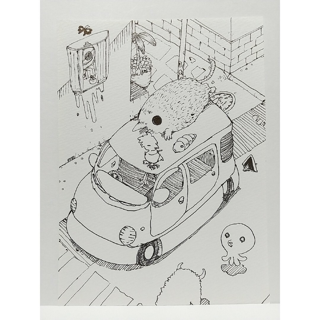 オリジナルイラスト 手描きイラスト 車 街 ハンドメイド 絵 原画 モノクロ ハンドメイドのインテリア/家具(アート/写真)の商品写真