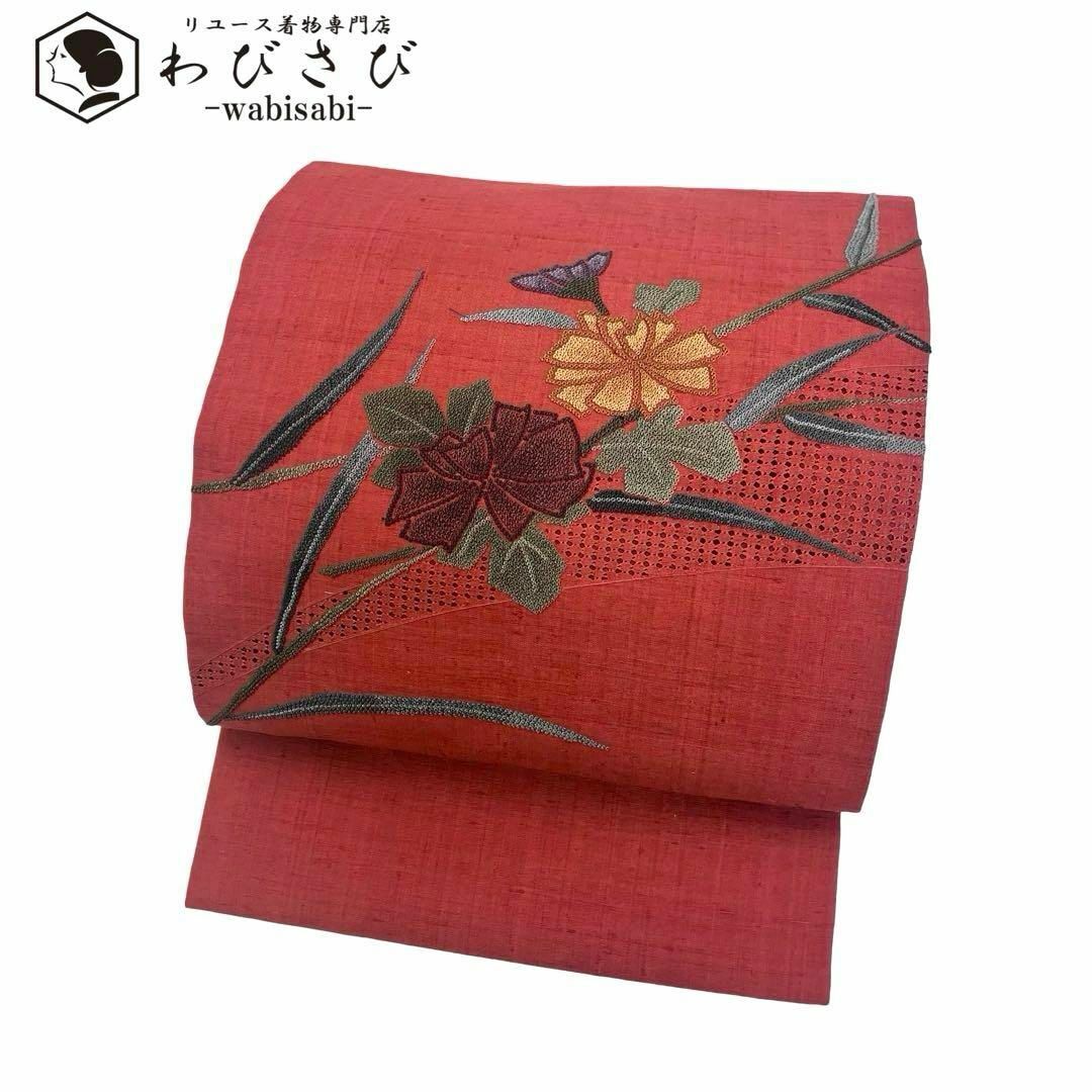 名古屋帯 美品 秀品 紬地 草花 相良刺繍 汕頭刺繍 灰茶 正絹 名古屋帯 美品 秀品 紬地 草花 相良刺繍 汕頭刺繍 灰茶 正絹
