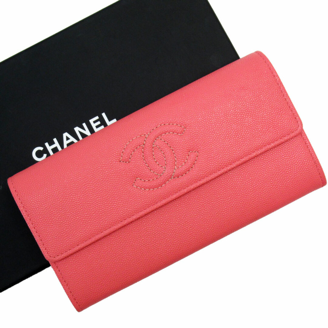 美品】CHANEL シャネル 長財布 キャビアスキン レザー ピンク 美品】CHANEL シャネル 長財布 キャビアスキン レザー ピンク