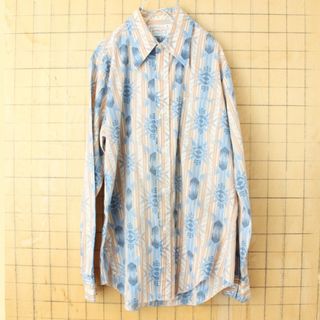 70s80s USA Golden Line 長袖総柄シャツ ブルーM ss81(シャツ)