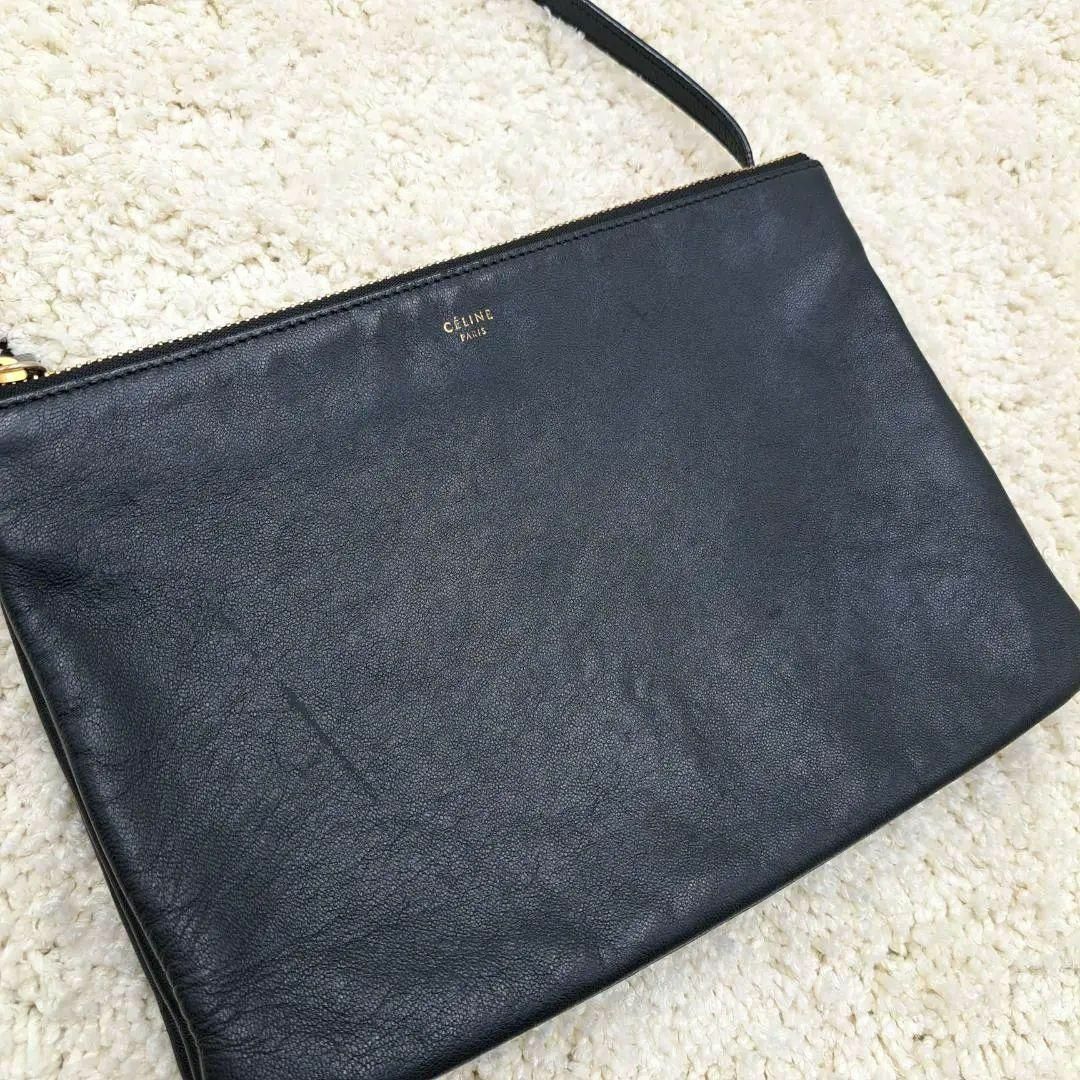 CELINE セリーヌ ショルダーバッグ トリオ 旧ロゴ 黒 レザー CELINE セリーヌ ショルダーバッグ トリオ 旧ロゴ 黒 レザー