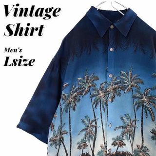 古着 総柄 ヤシの木 ボタニカル アロハ 柄シャツ 半袖 ネイビー(シャツ)