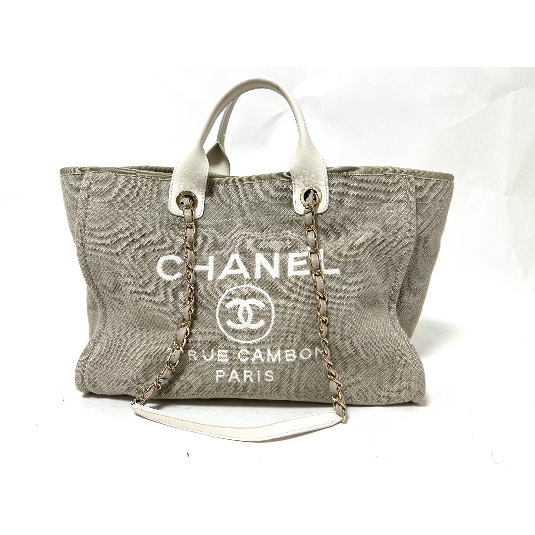 CHANEL - CHANEL シャネル ドーヴィル ラージ GM トートバッグ チェーンショルダーバッグ 2WAY キャンバス ベージュ ホワイト シャンパンゴールド金具 ポーチ ランダムプレート