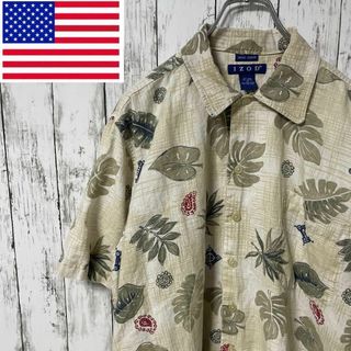 IZOD アメリカ古着 リーフ柄半袖シャツ リネンコットン素材 ゆるダボ メンズ(シャツ)