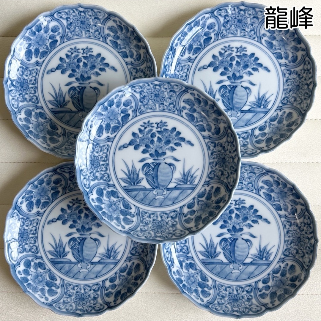 有田焼 - 三洋陶器 龍峰窯 林斎 染付間取花紋 銘々皿揃 5枚 有田焼 - 三洋陶器 龍峰窯 林斎 染付間取花紋 銘々皿揃 5枚