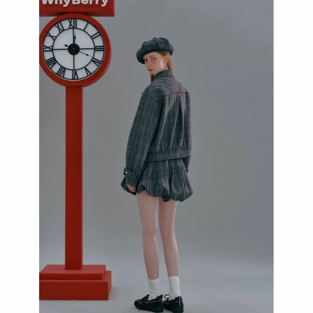 WhyBerry チェック柄 ステンカラー ショートジャケット ウール
