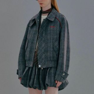 パブリックトーキョー(PUBLIC TOKYO)のWhyBerry チェック柄 ステンカラー ショートジャケット ウール グレー(ブルゾン)