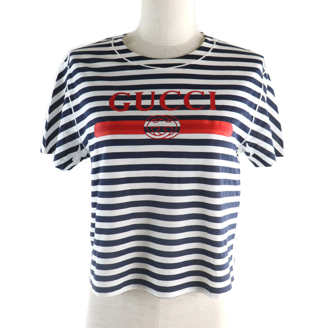 GUCCI - 美品★GUCCI グッチ 24年製 789314 コットン100％ ロゴプリント ストライプ 半袖Ｔシャツ ネイビー ホワイト XS 箱付き イタリア製 レディース