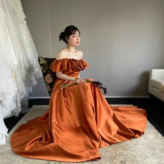 オレンジ テラコッタ ビタミン ドレス オフショルダー パフスリーブ 編み上げ 2356604801.jpeg?1724737968