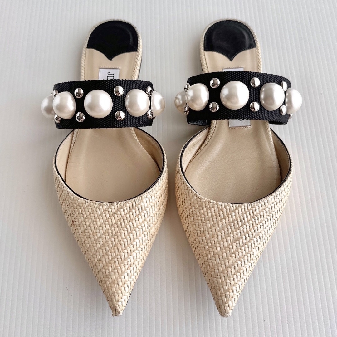 ジミーチュウ パール フラットシューズ ミュール パンプス 美品 ジミーチュウ パール フラットシューズ ミュール パンプス 美品
