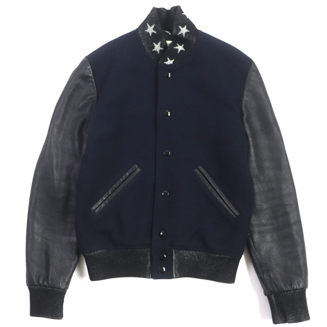 SAINT LAURENT - 美品▼SAINT LAURENT PARIS サンローランパリ 455208Y180W 袖革 ラムレザー スターデザイン バーシティジャケット ブルゾン ネイビー 42 イタリア製 正規品 メンズ