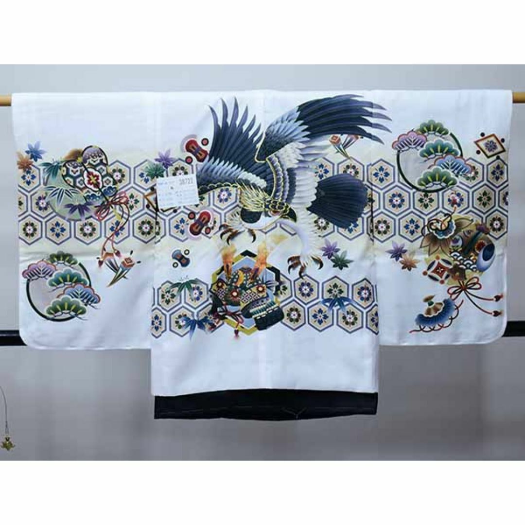 七五三 五歳 男児 羽織・着物・襦袢3点セット L寸 金刺繍 白地 鷹 七五三 五歳 男児 羽織・着物・襦袢3点セット L寸 金刺繍 白地 鷹