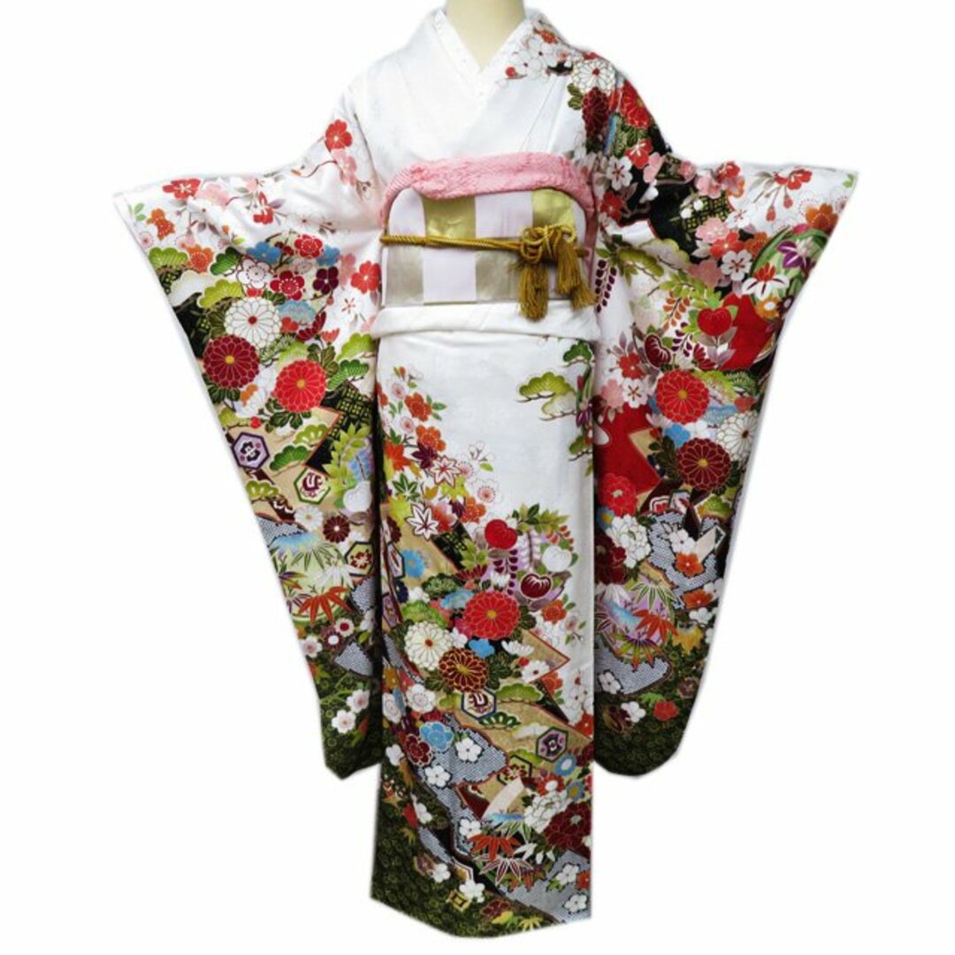 唐草 花模様 金彩 金駒刺繍 白色 カラフル 袷 正絹 成人式 振袖 唐草 花模様 金彩 金駒刺繍 白色 カラフル 袷 正絹 成人式 振袖