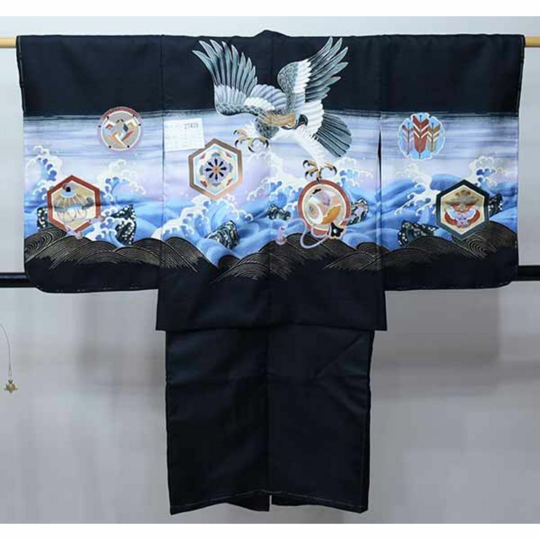 七五三 五歳 男児 羽織・着物・襦袢3点セット 黒地 鷹 NO27439-2 七五三 五歳 男児 羽織・着物・襦袢3点セット 黒地 鷹 NO27439-2