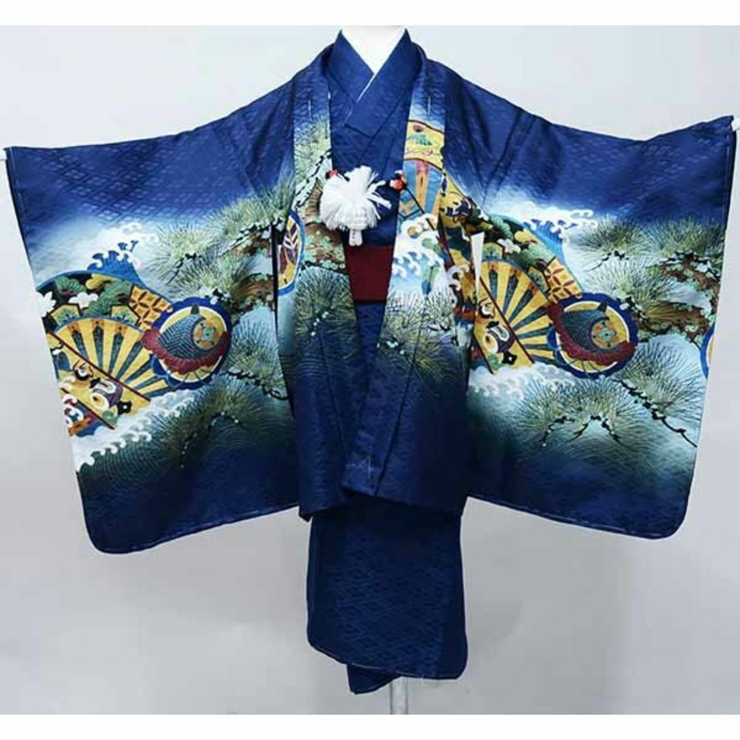 七五三 五歳 男児 羽織・着物・襦袢3点セット 綸子地 金刺繍 濃紺地 七五三 五歳 男児 羽織・着物・襦袢3点セット 綸子地 金刺繍 濃紺地