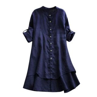 トップス 韓国 レディース ワンピース チェック 長袖 ドレス リネンシャツ(ひざ丈ワンピース)