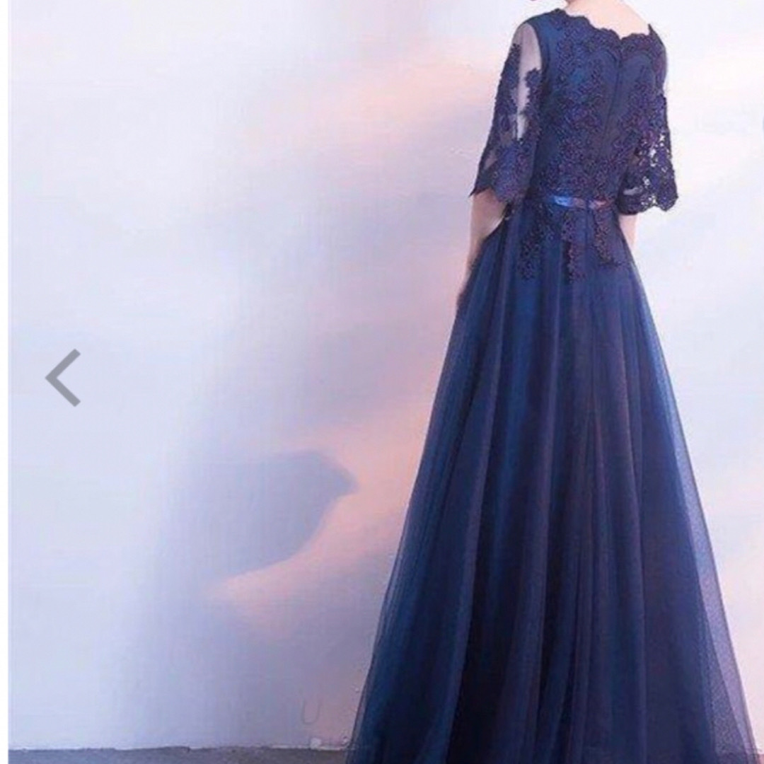 美品〉紺色マキシロングドレス袖あり 結婚式 パーティードレス 美品〉紺色マキシロングドレス袖あり 結婚式 パーティードレス