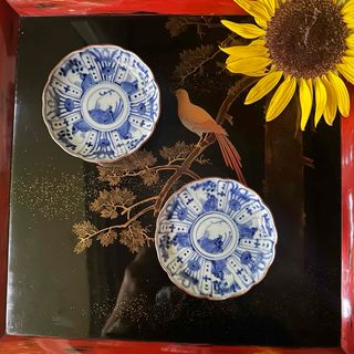 秋へ‼️最上手古伊万里染付銘元『蓮に五位鷺』芙蓉手輪花縁手塩皿隠れ切支丹皿2客(陶芸)