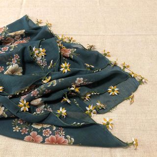 トルコ イーネオヤ  コットン スカーフ 深緑 お花付き ハンカチ [未使用](バンダナ/スカーフ)