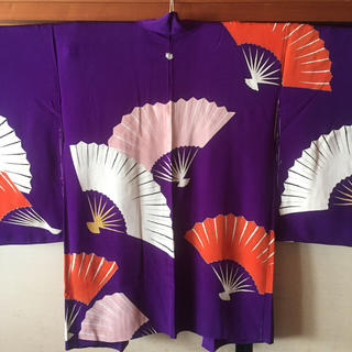 仕付け糸つき、大正ロマンなアンティーク 扇柄紫色の長羽織(着物)