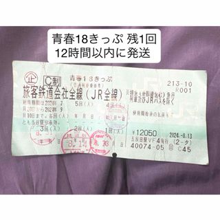 青春18きっぷ 残1回 12時間以内に発送します(鉄道乗車券)