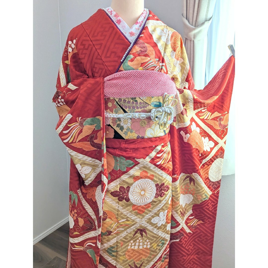 大勧め 22123 振袖6点セット扇と御所車青金彩金駒刺繍佐賀錦 着物・浴衣