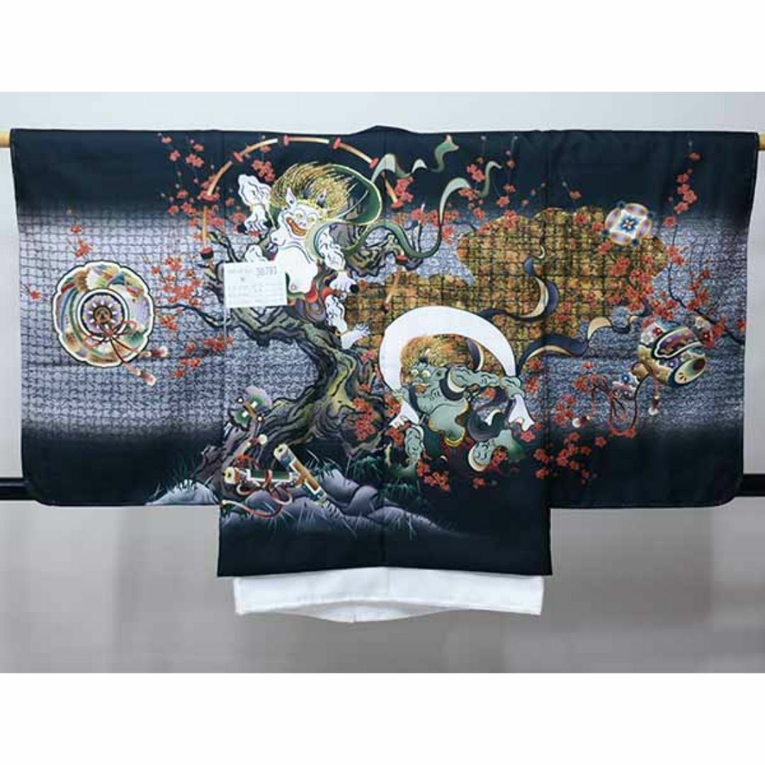 七五三 五歳 男児 羽織・着物・襦袢3点セット L寸 金刺繍 黒地 風神 七五三 五歳 男児 羽織・着物・襦袢3点セット L寸 金刺繍 黒地 風神