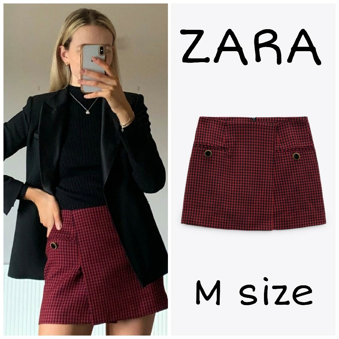 ZARA - ZARA 千鳥格子柄ミニスカート Mサイズ レッドの通販 by ZARA - ZARA 千鳥格子柄ミニスカート Mサイズ レッドの通販 by