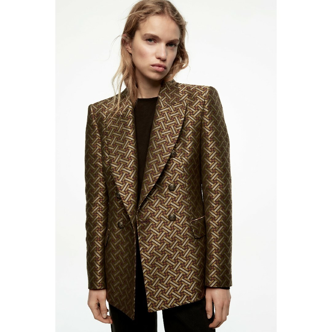 ワンピなど最旬ア！ ZARA ジャガードクロスオーバーフロントブレザー カーキ Sサイズ ジャケット・アウター