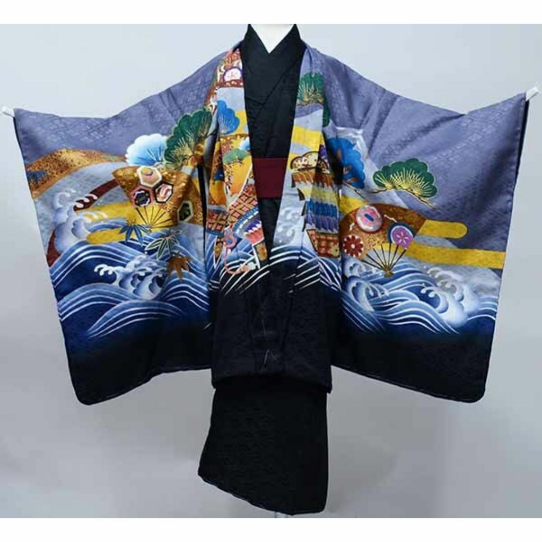 七五三 五歳 男児 羽織袴フルセット 縞袴 グレー×黒 武士 七五三 五歳 男児 羽織袴フルセット 縞袴 グレー×黒 武士