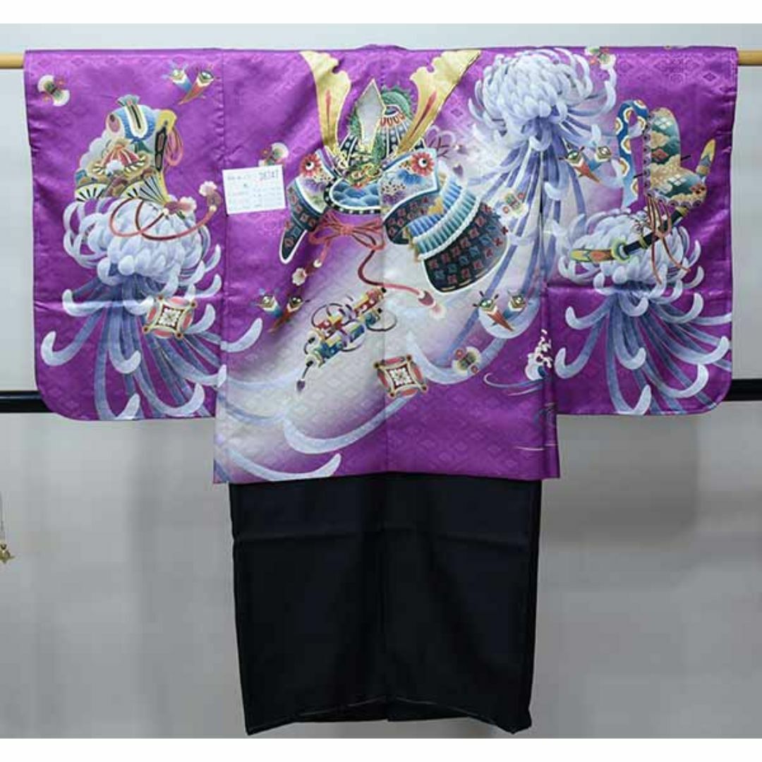 七五三 五歳 男児 羽織・着物・襦袢3点セット L 金刺繍 綸子地 紫 七五三 五歳 男児 羽織・着物・襦袢3点セット L 金刺繍 綸子地 紫