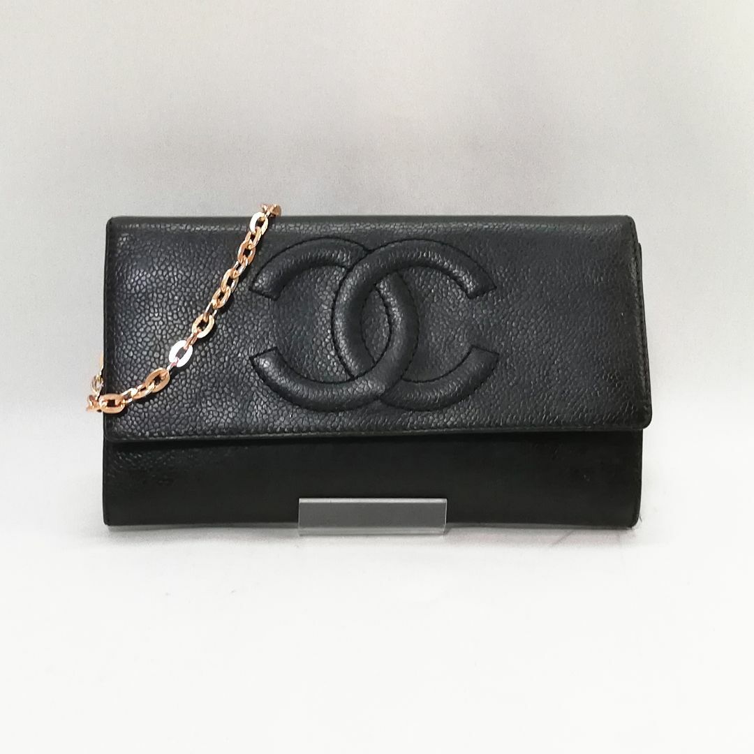 良品 CHANEL シャネル 二つ折り財布 黒 キャビアスキン 良品 CHANEL シャネル 二つ折り財布 黒 キャビアスキン