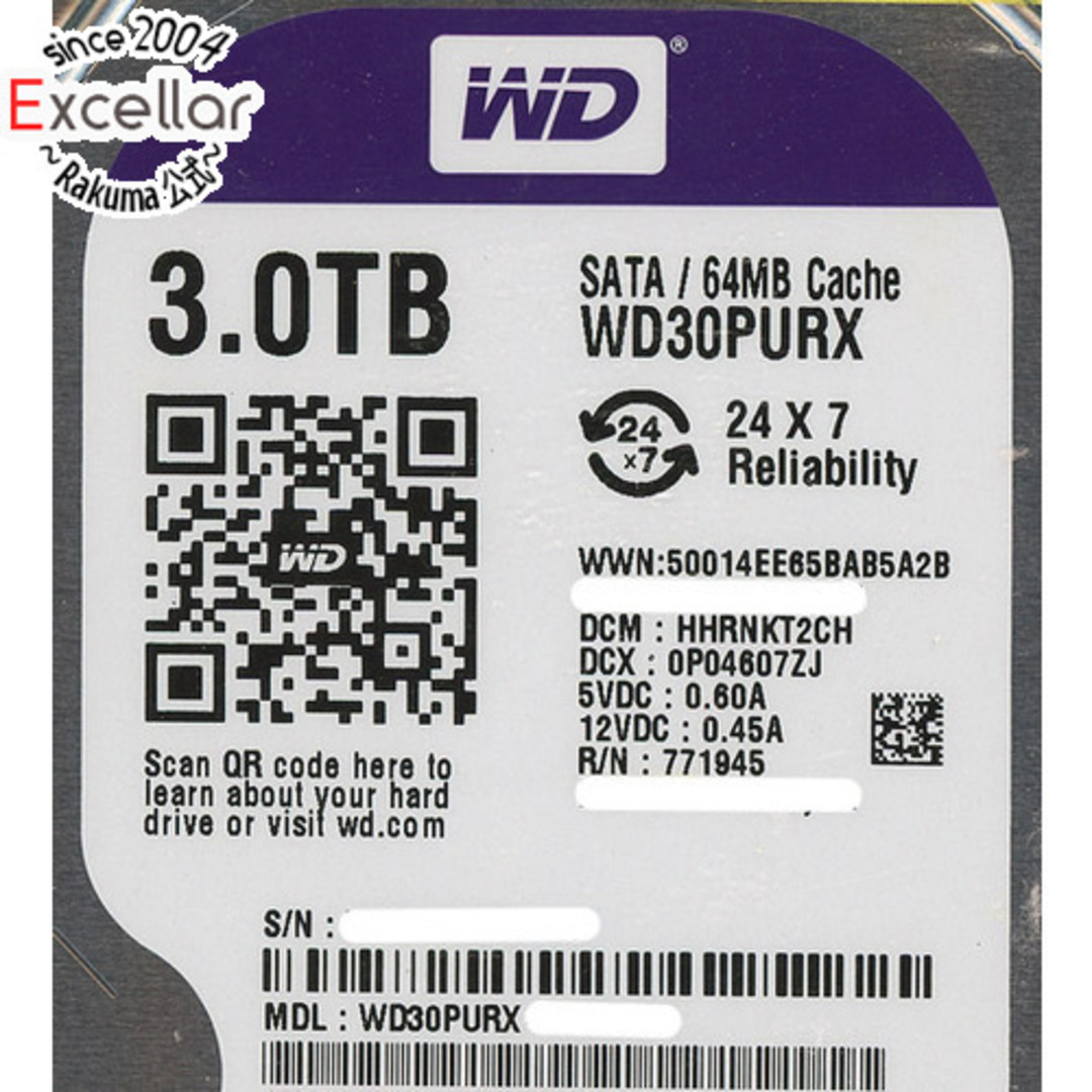 Western Digital(ウエスタンデジタル)のWestern Digital製HDD WD30PURX 3TB SATA600 スマホ/家電/カメラのPC/タブレット(PC周辺機器)の商品写真