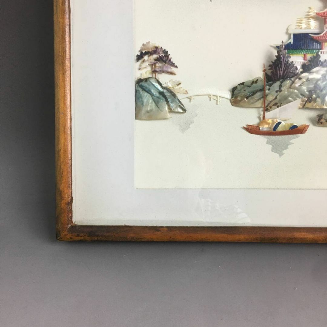 模写】中国美術 唐物 額縁 額装 貝細工 城 天守閣 絵画 伝統工芸