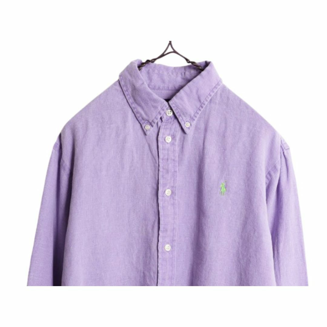 美品＊ラルフローレン 麻100% リネン 長袖シャツ 紫 BD ゆったりS