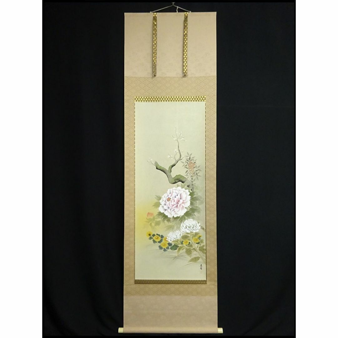 真作】掛軸 植田春甫『四季花図』絹本 肉筆 共箱付 掛け軸 a041713 真作】掛軸 植田春甫『四季花図』絹本 肉筆 共箱付 掛け軸 a041713