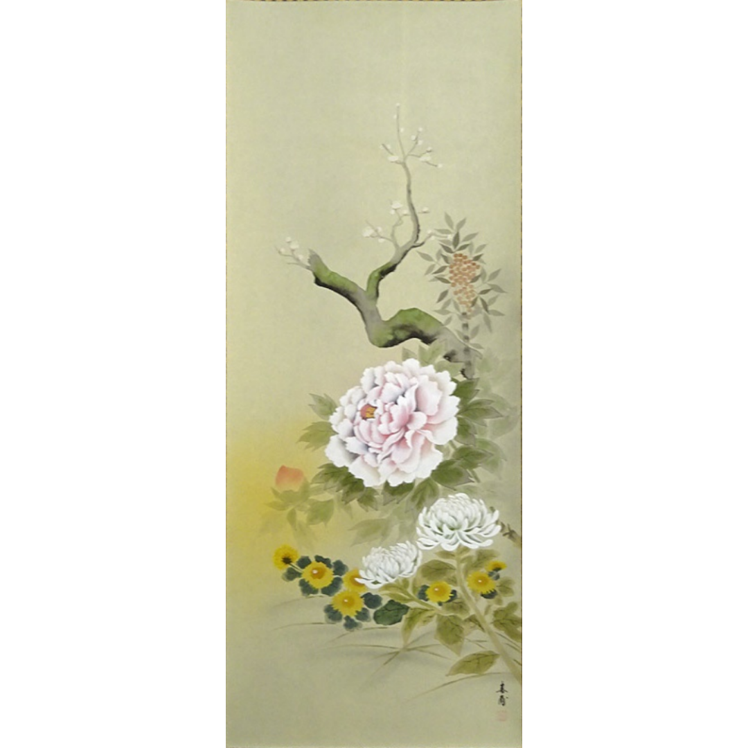 真作】掛軸 植田春甫『四季花図』絹本 肉筆 共箱付 掛け軸 a041713 真作】掛軸 植田春甫『四季花図』絹本 肉筆 共箱付 掛け軸 a041713
