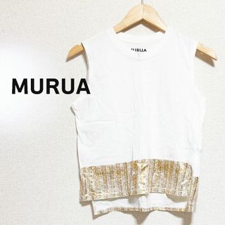 ムルーア(MURUA)のMURUA ムルーア　カットソー　袖なし　白　ゴールド　プリント　タンクトップ(カットソー(半袖/袖なし))