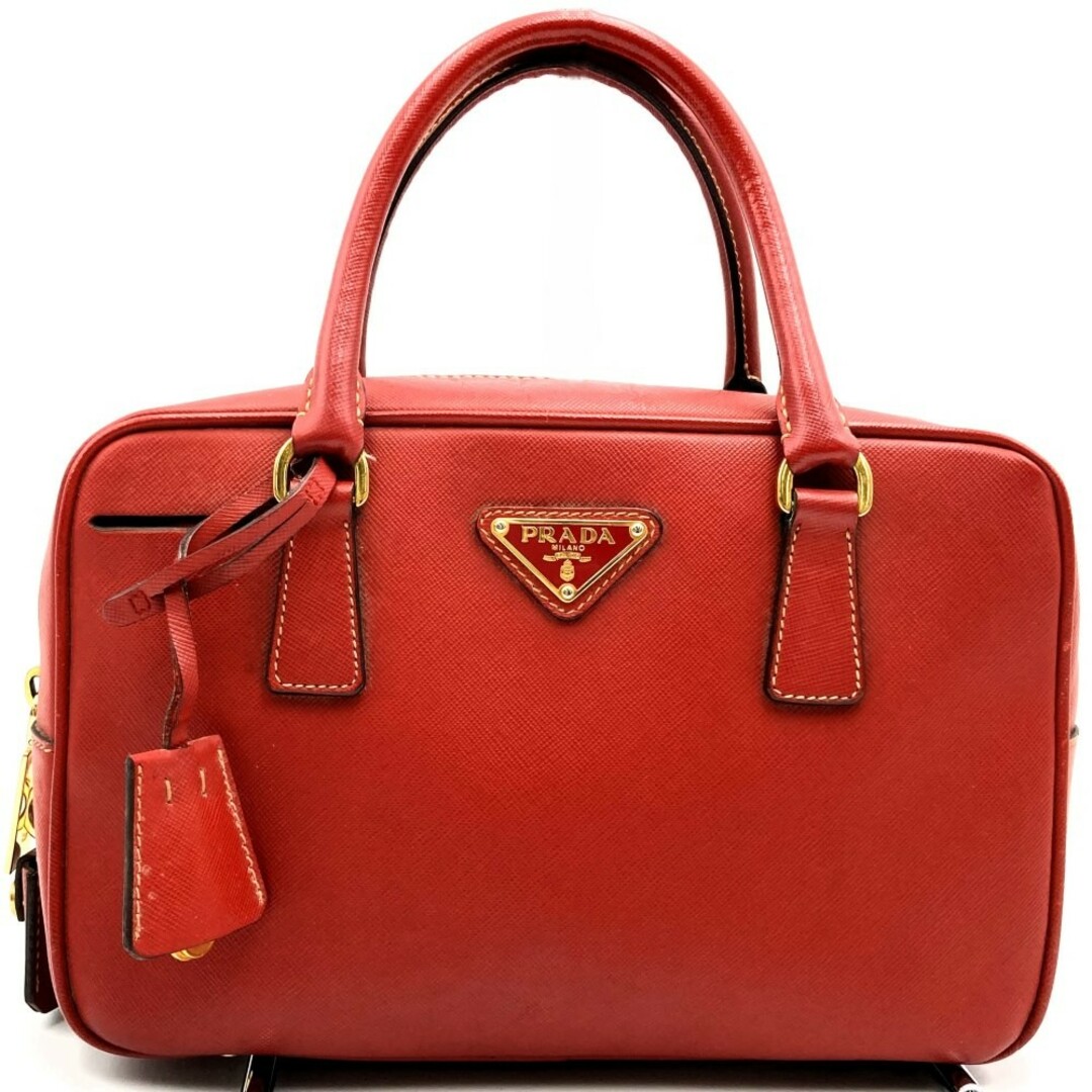 PRADA - PRADA プラダ ハンドバッグ 三角プレート レザー レッド PRADA - PRADA プラダ ハンドバッグ 三角プレート レザー レッド