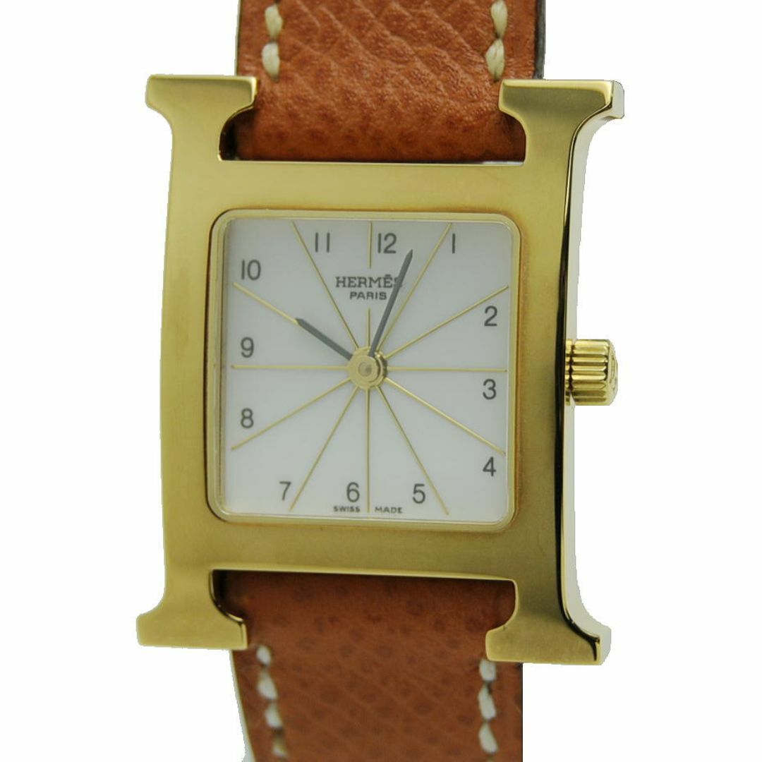 HERMES - エルメス/HERMES/レディース時計/Hウォッチ/GP×レザー/ブラウン×ホワイト/□J刻【LW391】