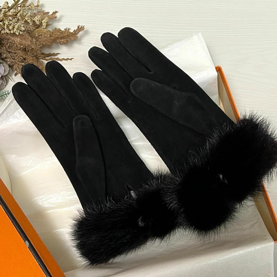 HERMES エルメス ベロア ミンクファー ブラック 手袋 ウィンター HERMES エルメス ベロア ミンクファー ブラック 手袋 ウィンター