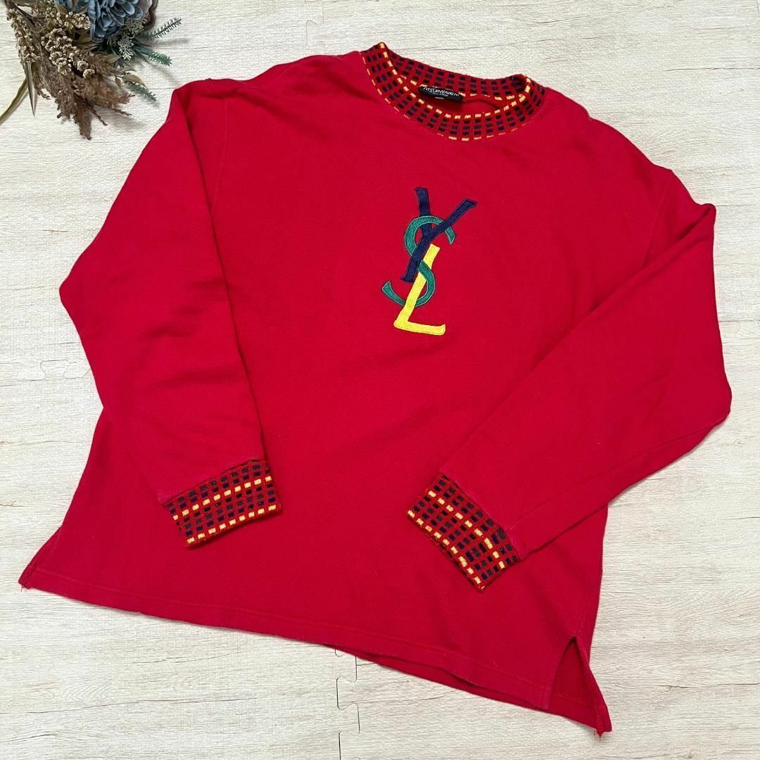 イヴサンローラン レッド トレーナー Mサイズ 綿 YSL ロゴ刺繍 イヴサンローラン レッド トレーナー Mサイズ 綿 YSL ロゴ刺繍
