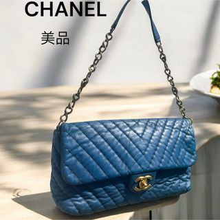 シャネル(CHANEL)のワンショルダー　シェブロン　ココマーク　シャネル　ブルー　美品　チェーンバッグ(ショルダーバッグ)